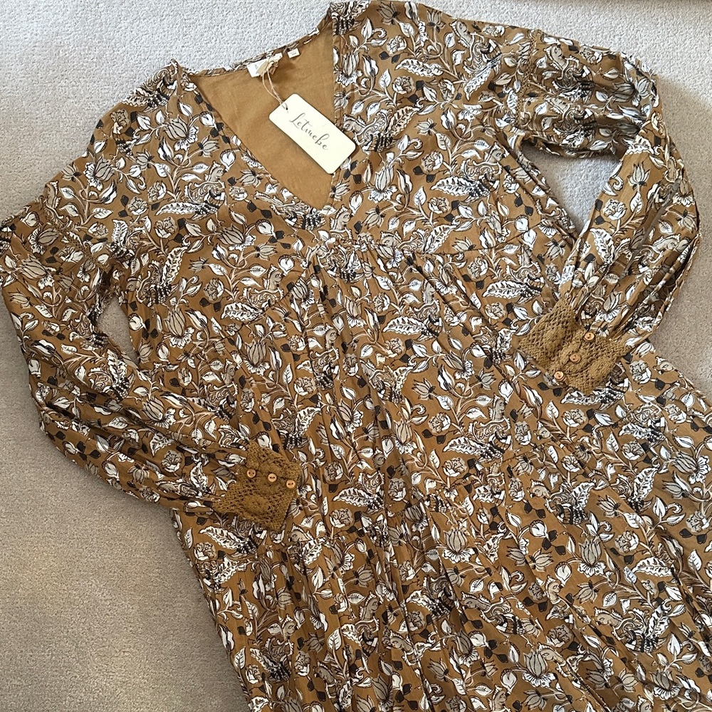 Anthropologie Floral Long-Sleeve V-Neck Dress in Mustard!